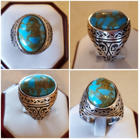 Faux Turquoise Silver Plated Ring Size 9, 10 - Picture 2 of 6